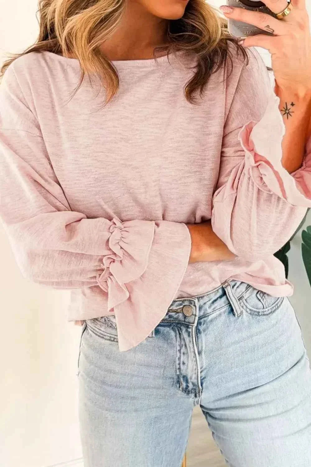 Boat Neck Long Sleeve Tiered Ruffle Cuff Slub Knit Top 3