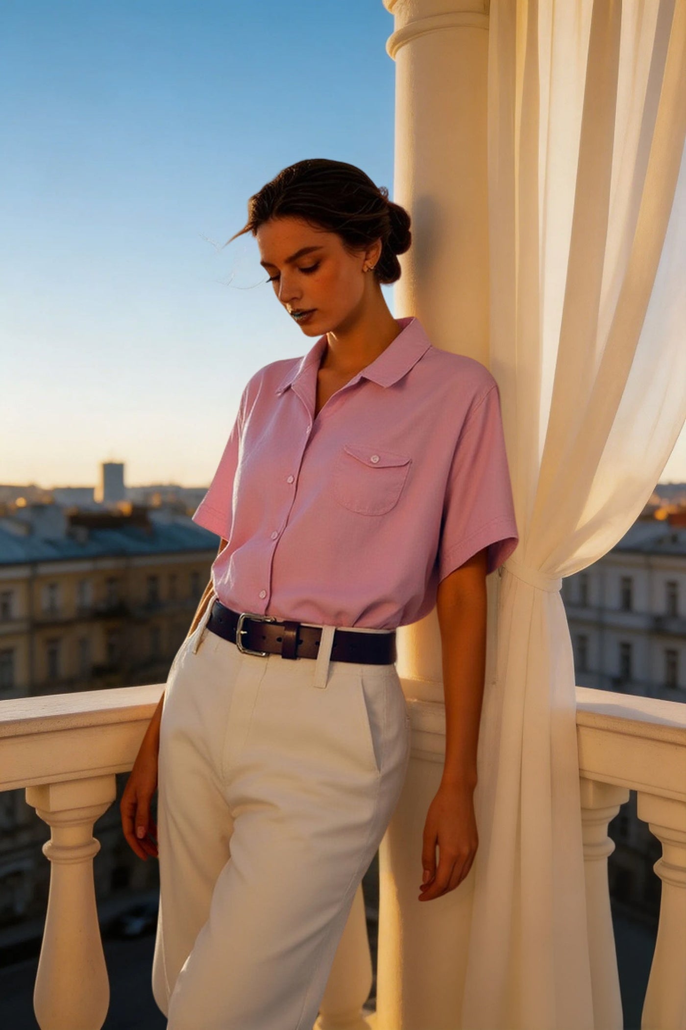 Linen Camp Collar Short Sleeve Blouse