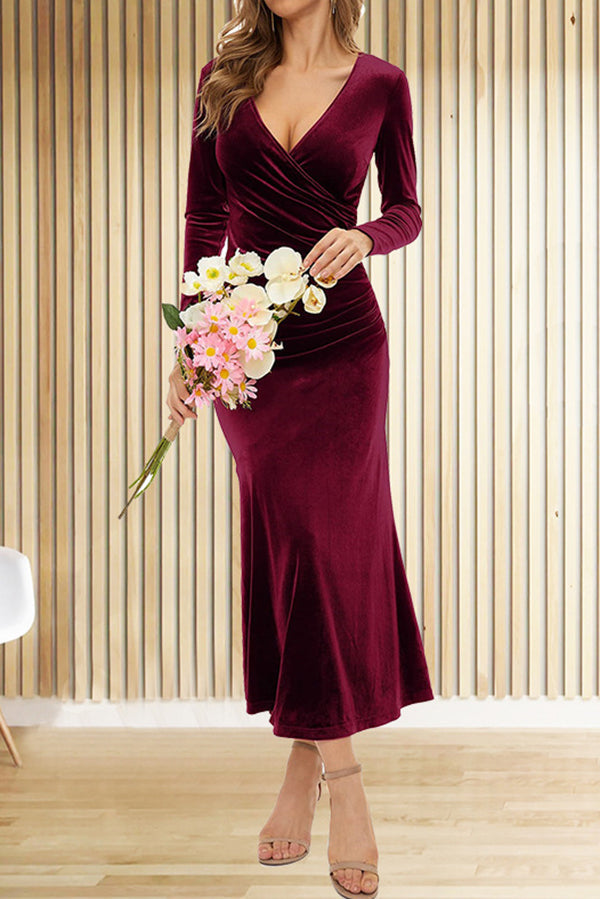 Solid Color Velvet Long Sleeve V-neck Slim Fit Fishtail Maxi Dress - View 10