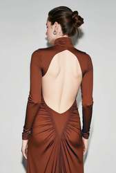 Slim Solid Long Sleeve High Neck Ruched Backless Formal Dress