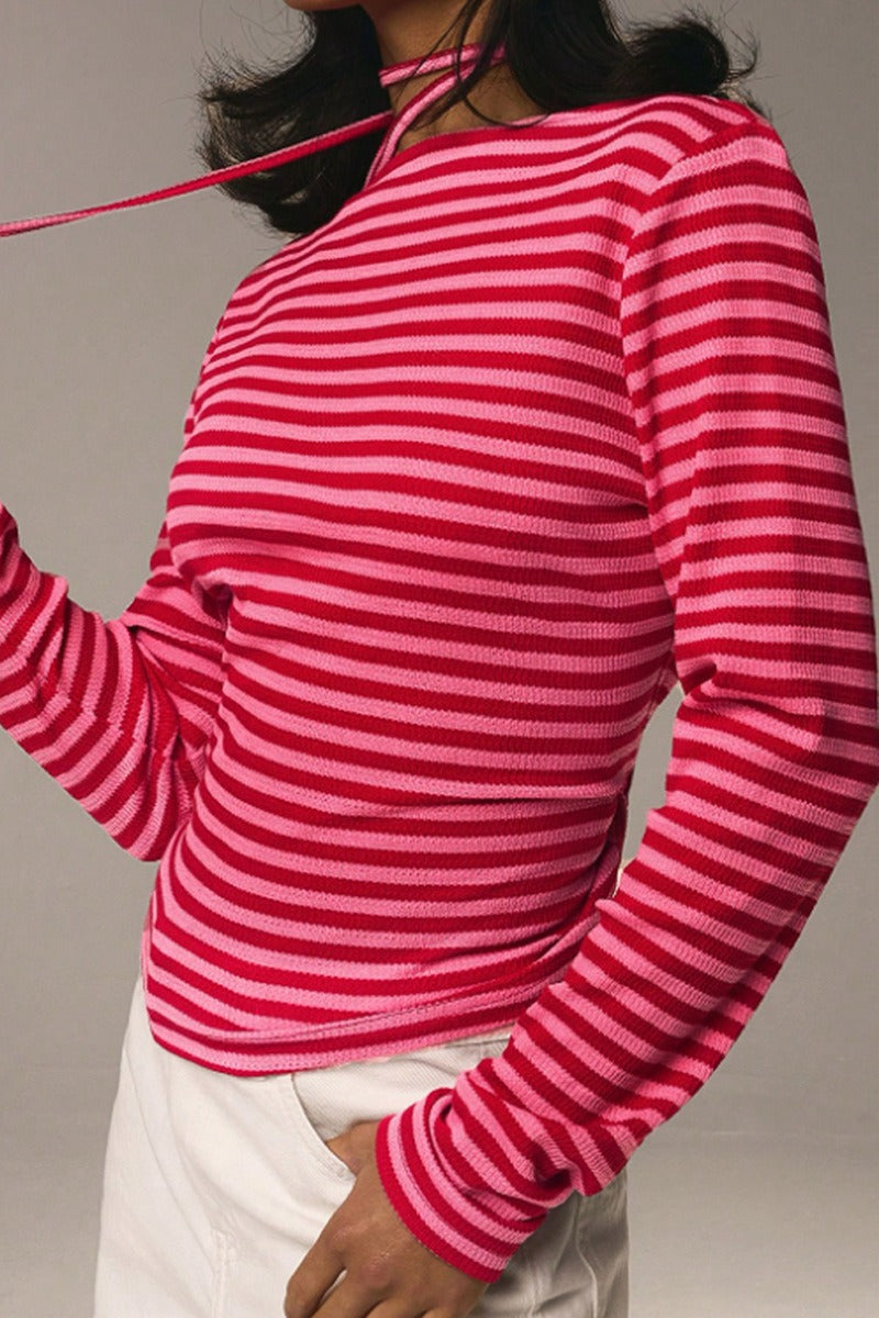 Stretchy Striped Crew Neck Long Sleeve Top