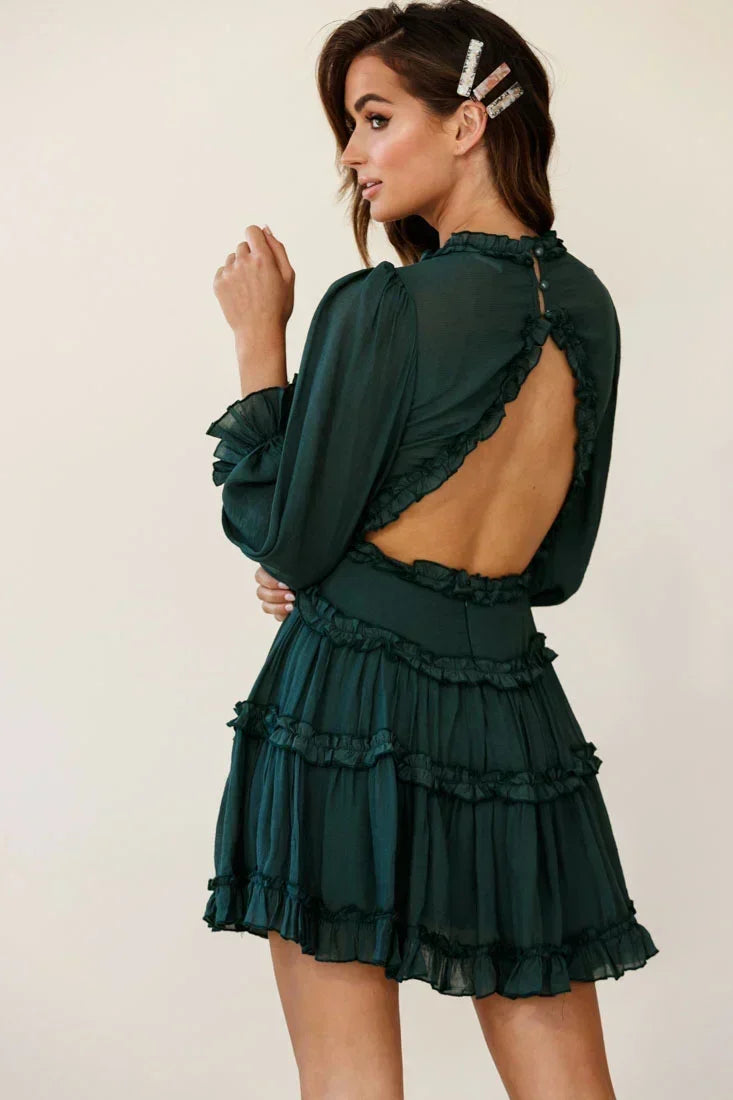 Ruffle Trim Plunge V-Neck Balloon Sleeve Tiered Mini Dress 2