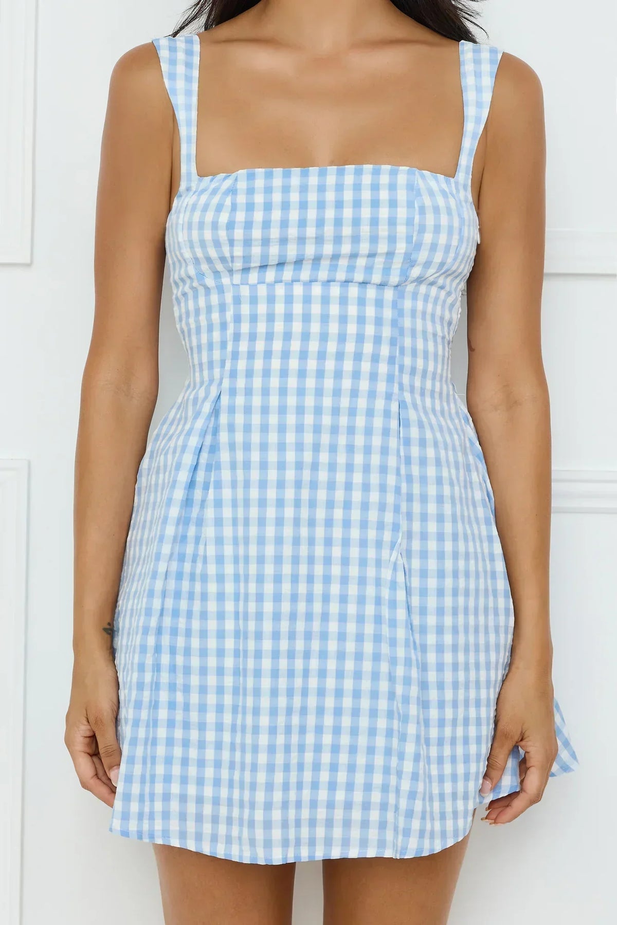 Gingham Square Neck Wide Strap Fit and Flare Mini Dress 18