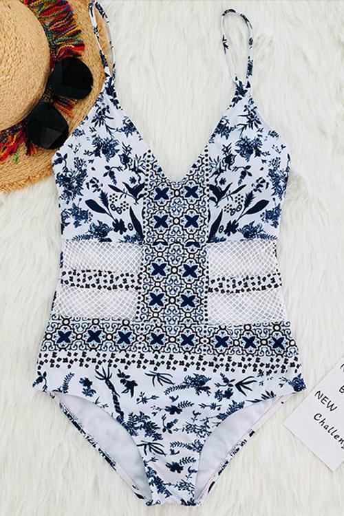 Print Hollow One-piece Swimwear