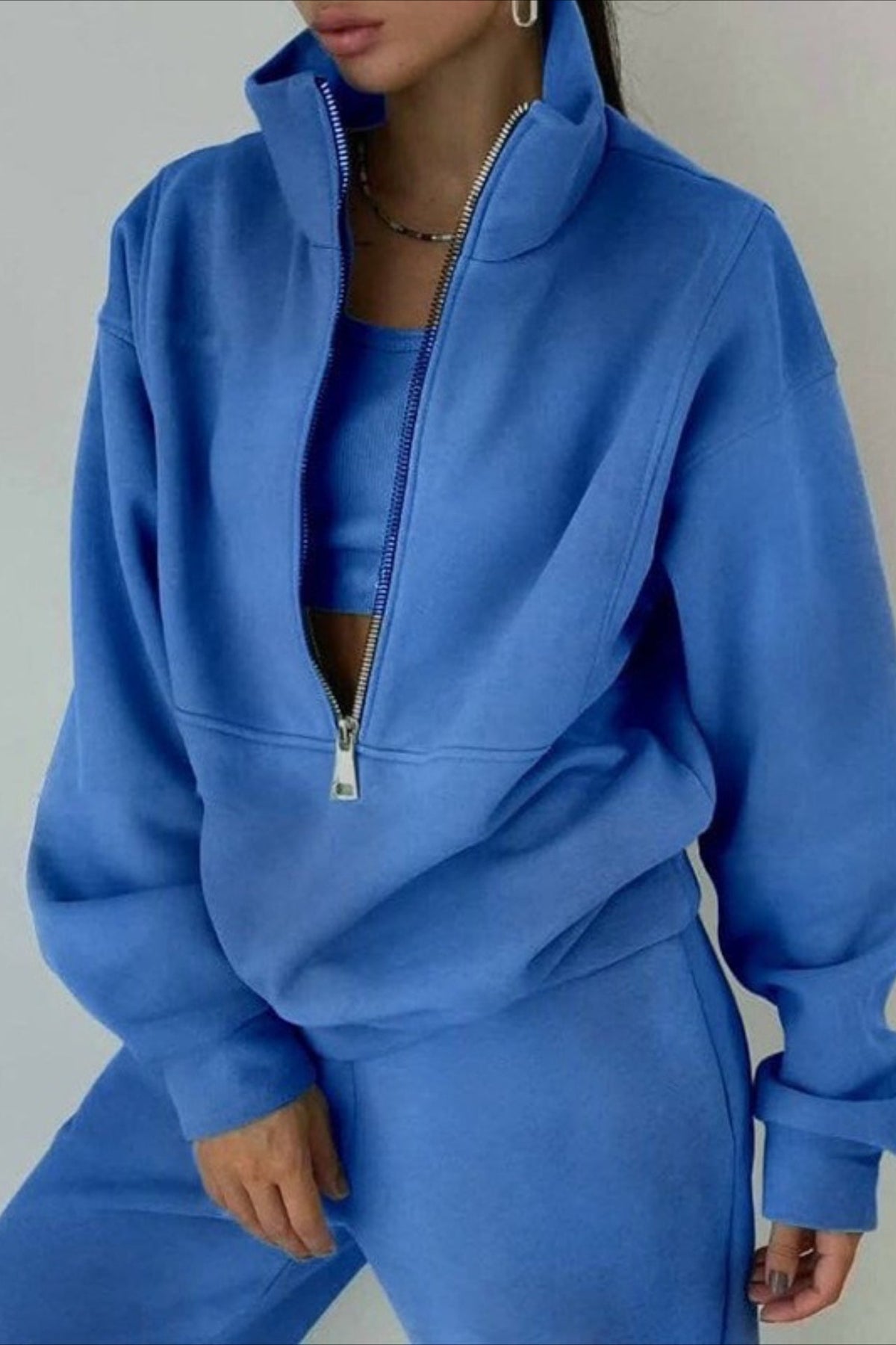 High Collar Half Zip Oversized Fleece Sweatshirt and Joggers Two Piece Set 6
