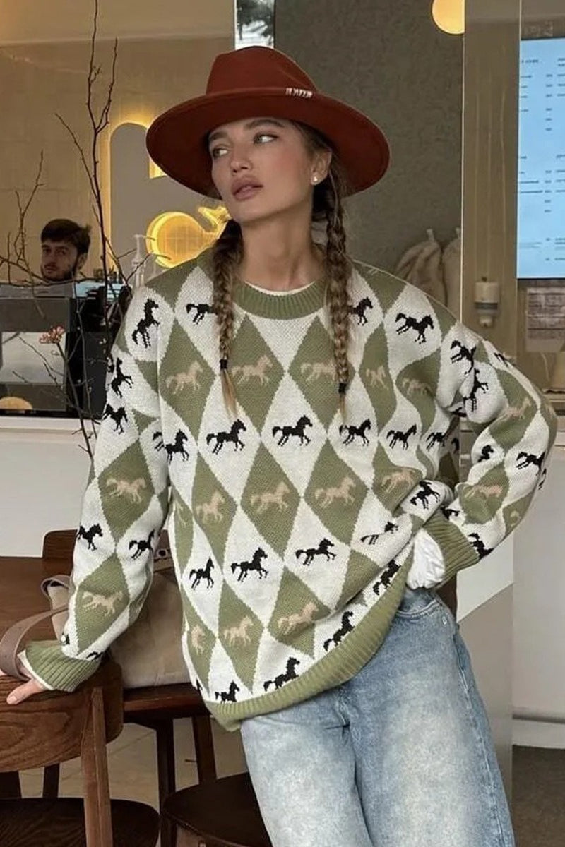 Casual Horse Graphic Pullover Sweater