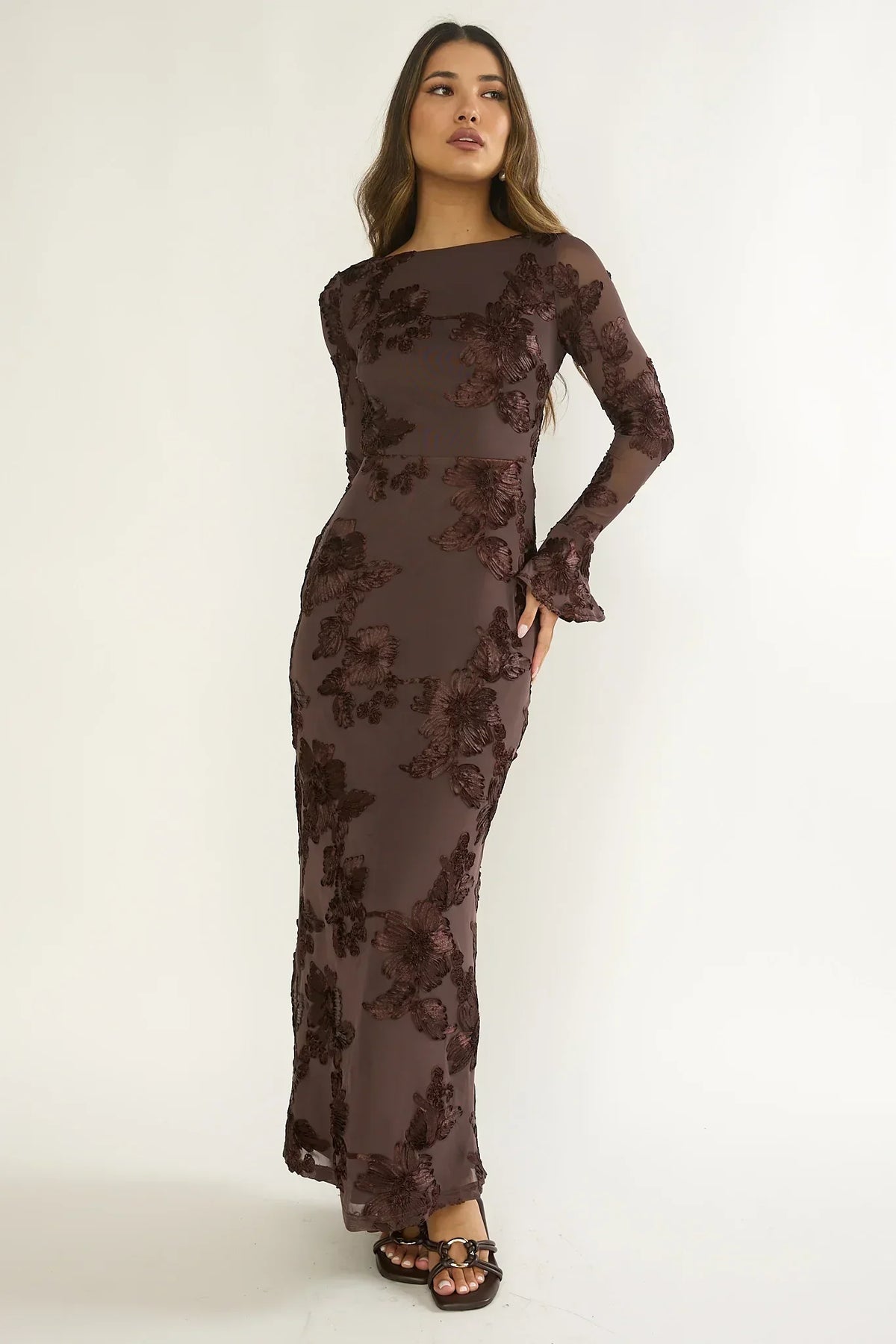 Floral Embroidered Mesh Long Sleeve Flare Cuff Maxi Dress