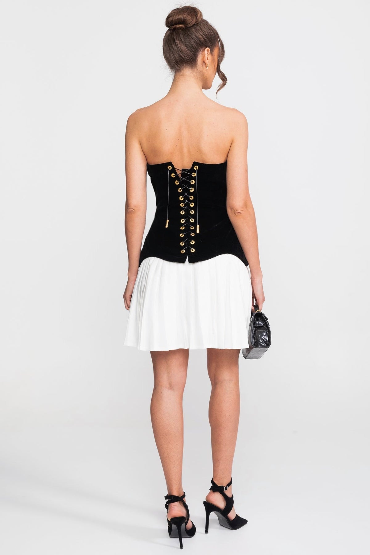 Velvet Strapless Corset Bodice Contrast Pleated Skirt Mini Dress 3