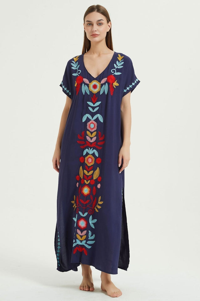 Embroidered V-Neck Short Sleeve Kaftan Maxi Dress 8