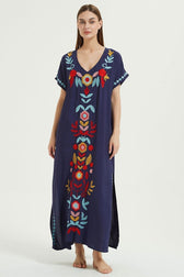 Embroidered V-Neck Short Sleeve Kaftan Maxi Dress 8