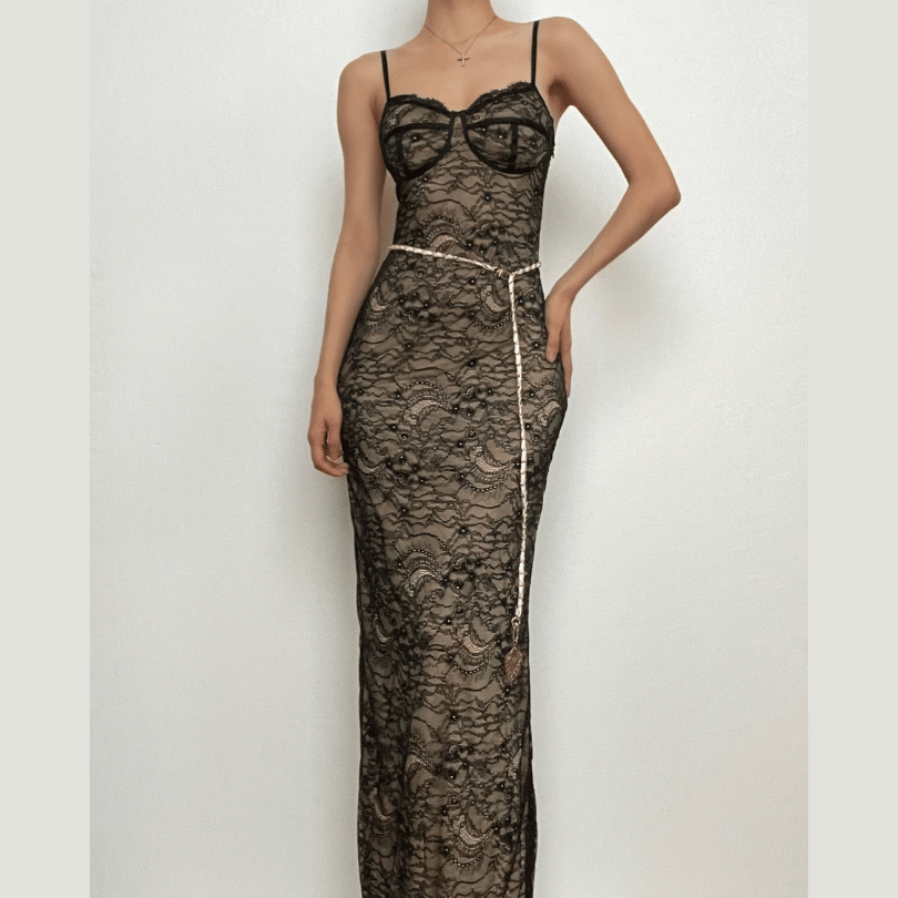 Floral Lace Underwire Bust Spaghetti Strap Side Split Cami Maxi Dress
