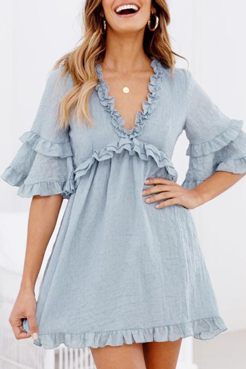Ruffled Lace-up V-neck Dress
