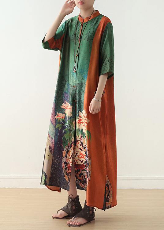 Floral Vase Print Mandarin Collar Half Sleeve Colorblock Linen Blend Maxi Dress