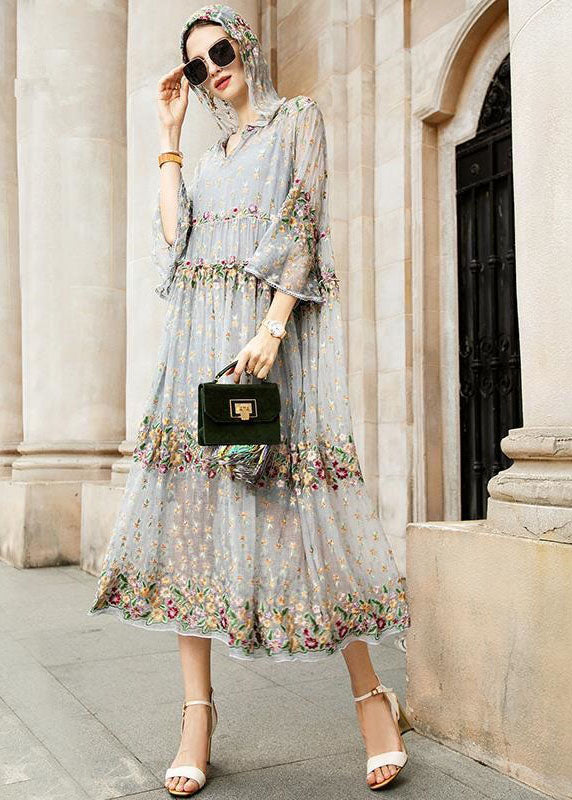 Boutique Grey V Neck Embroidered Tulle Dresses Two Pieces Set - View 5
