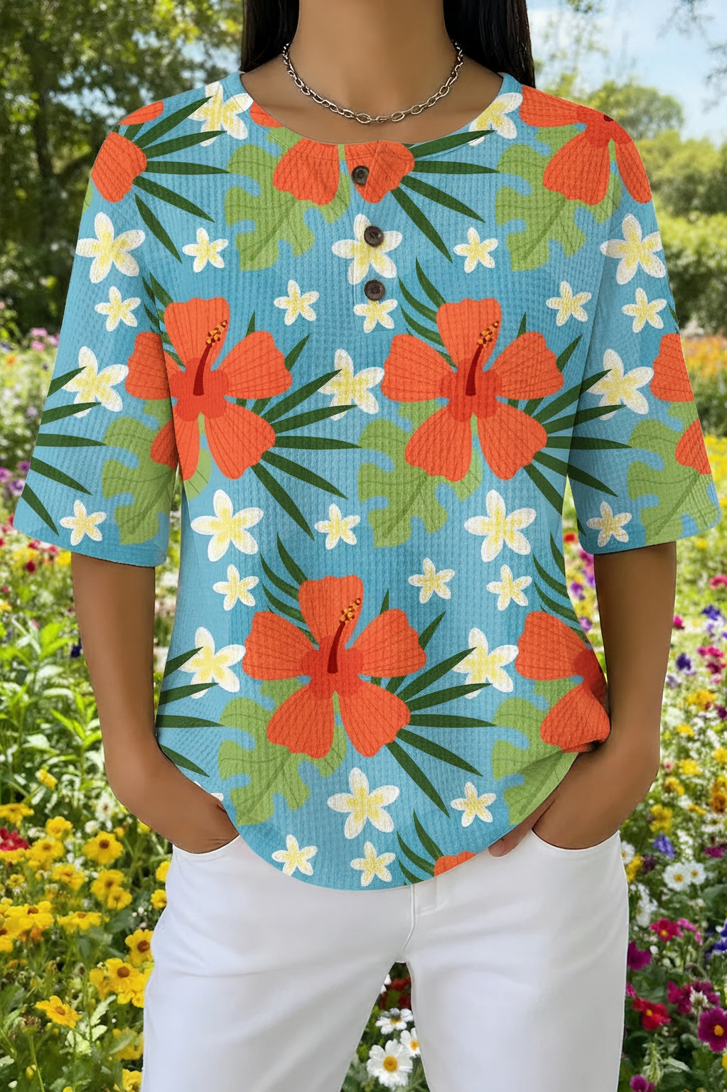Tropical Floral Round Neck Short Sleeve Waffle Henley Top