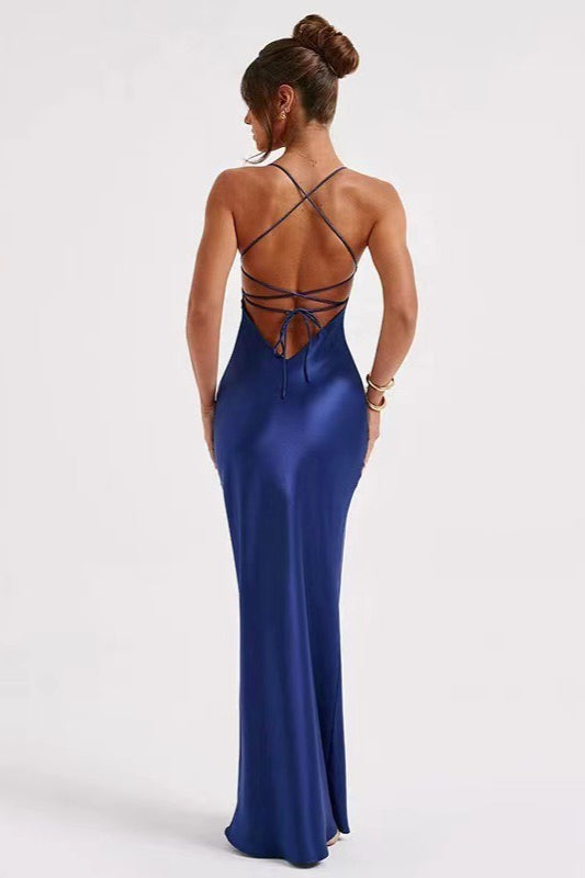 Satin Scoop Neck Spaghetti Strap Lace Up Back Bias Cut Slip Maxi Dress