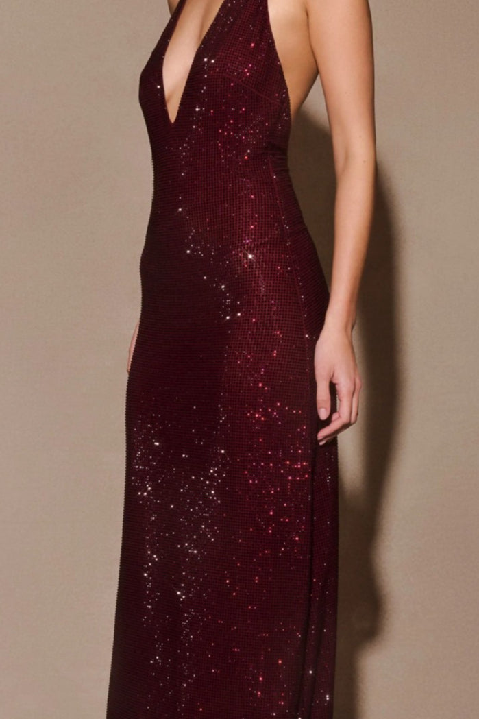 Halter Neck Deep V-Neck Backless Rhinestone Bias Cut Maxi Prom Dress