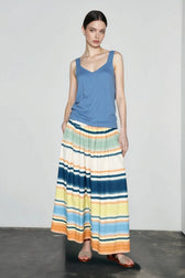 Print Pleated Silk Cotton Vacation Skirt