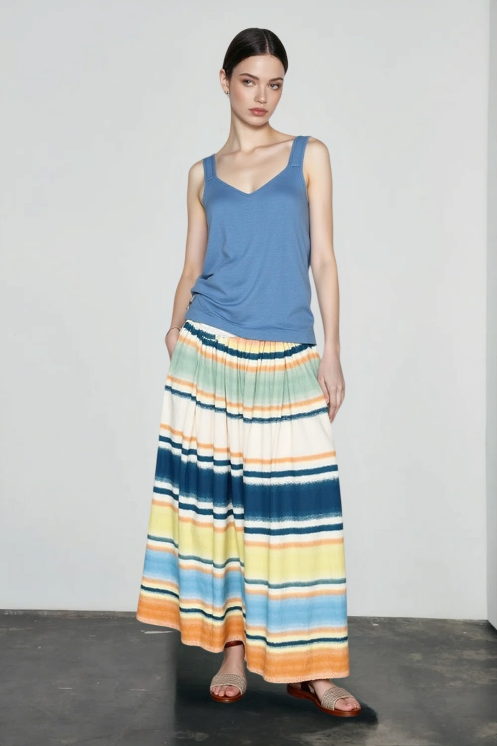 Striped Elastic Waist Tiered Flowy Maxi Skirt 3