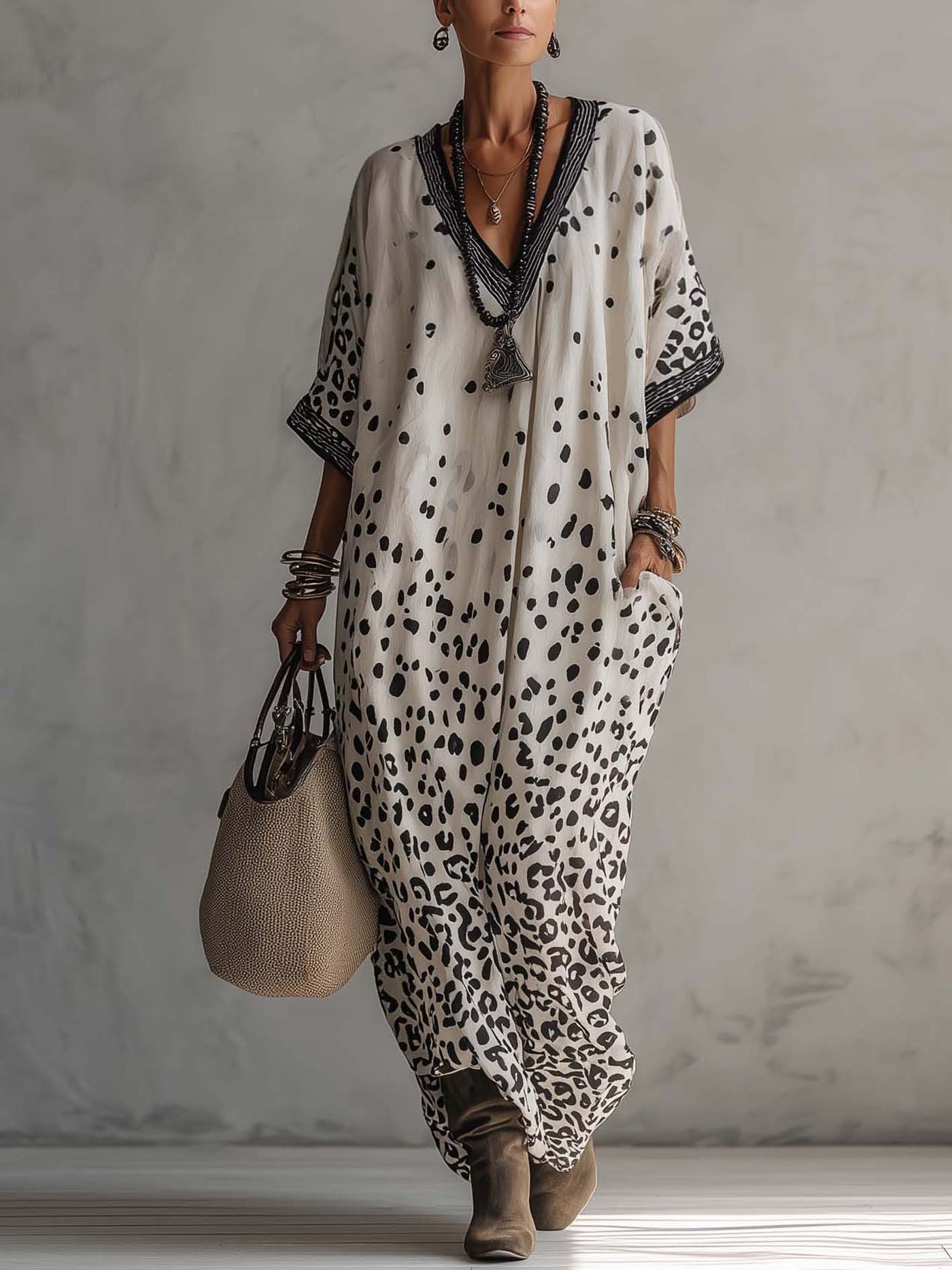 Animal Print V-Neck Kaftan Maxi Dress