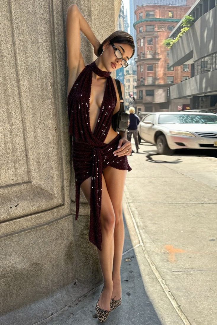 Sequin Halter Neck Plunge Backless Asymmetric Hem Mini Dress