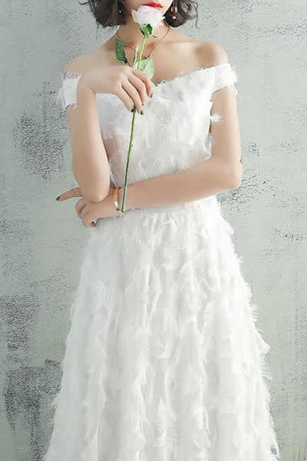 Feather Fringe Off Shoulder A-Line Formal Gown