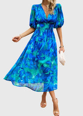 Floral Chiffon Deep V-Neck Puff Sleeve Smocked Maxi Dress 8