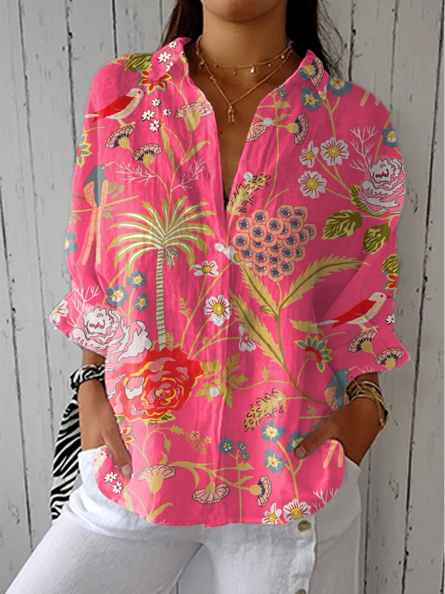 Tropical Floral Print Collared Button Up Blouse