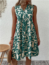 Leaf Print V-Neck Sleeveless Tiered A-Line Midi Dress
