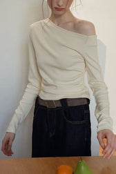 One Shoulder Asymmetric Ribbed Long Sleeve Top