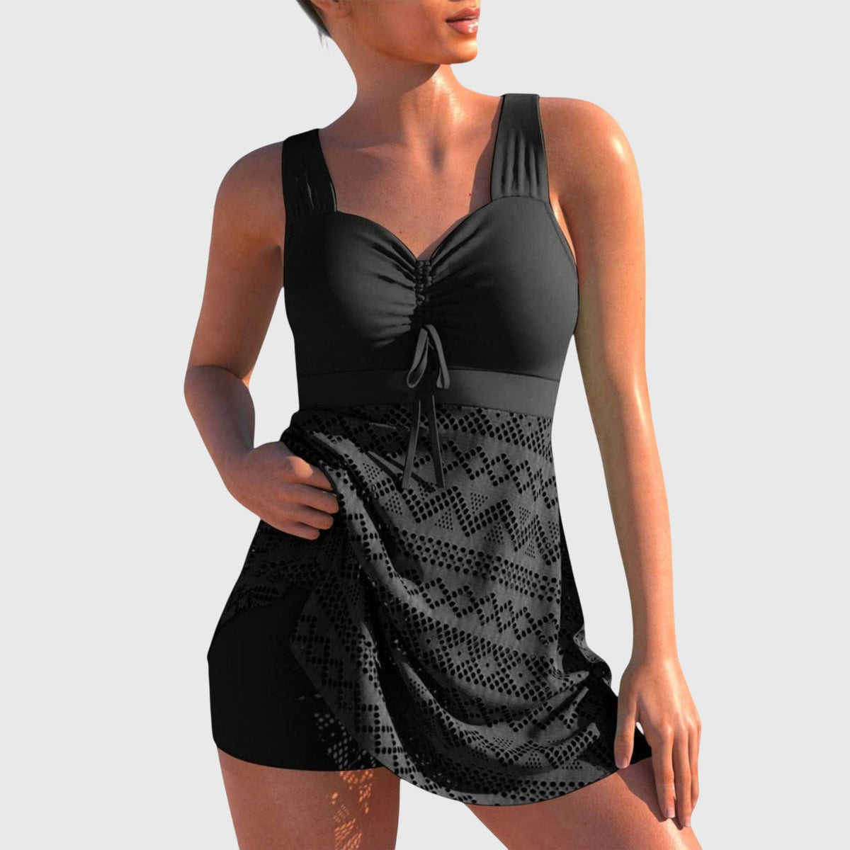 Ruched Front Lace Overlay Swim Dress