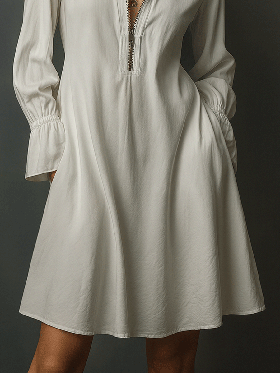Elegant White Long Sleeve Flared Cuffs Shirt Mini Dress