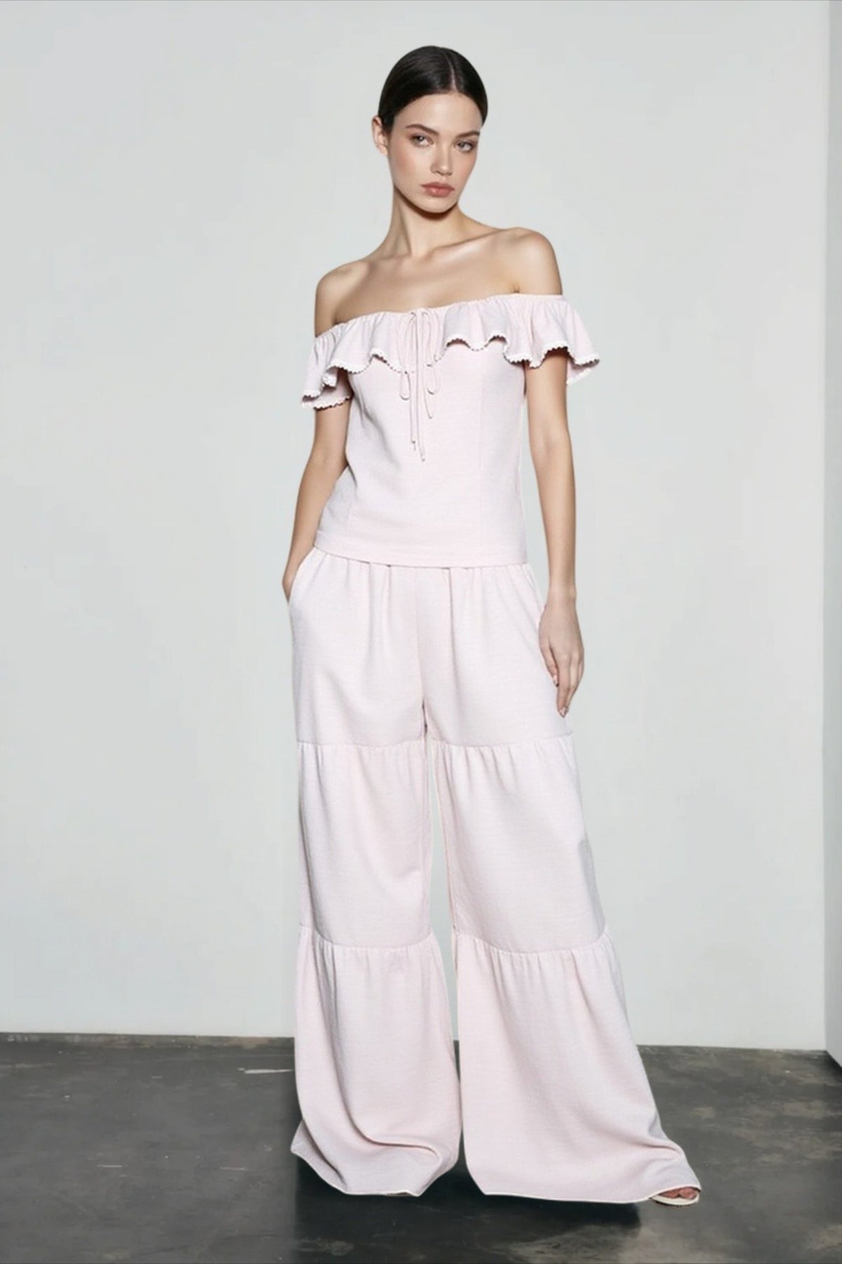 Ruffle Off Shoulder Lace Up Top and Tiered Wide Leg Pants Two Piece Set 3