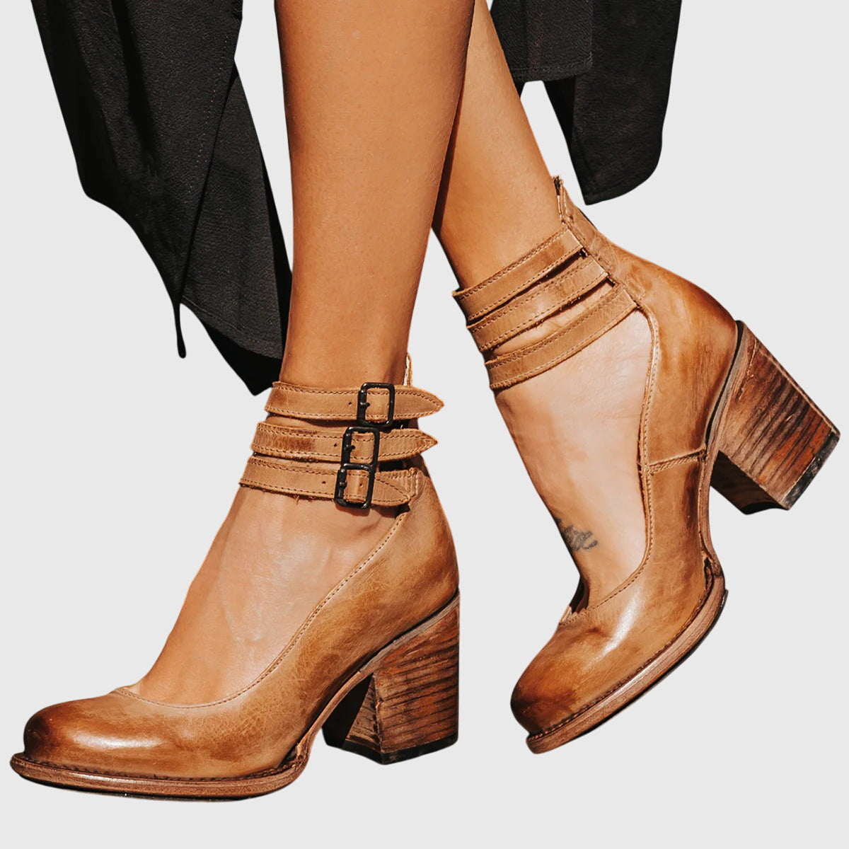 Round Toe Triple Ankle Strap Buckle Block Heel Pumps