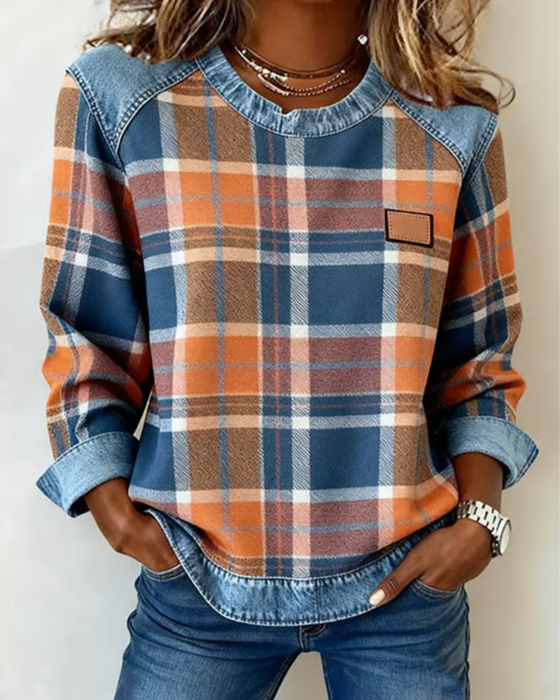 Crew Neck Plaid Denim Contrast Long Sleeve Sweatshirt