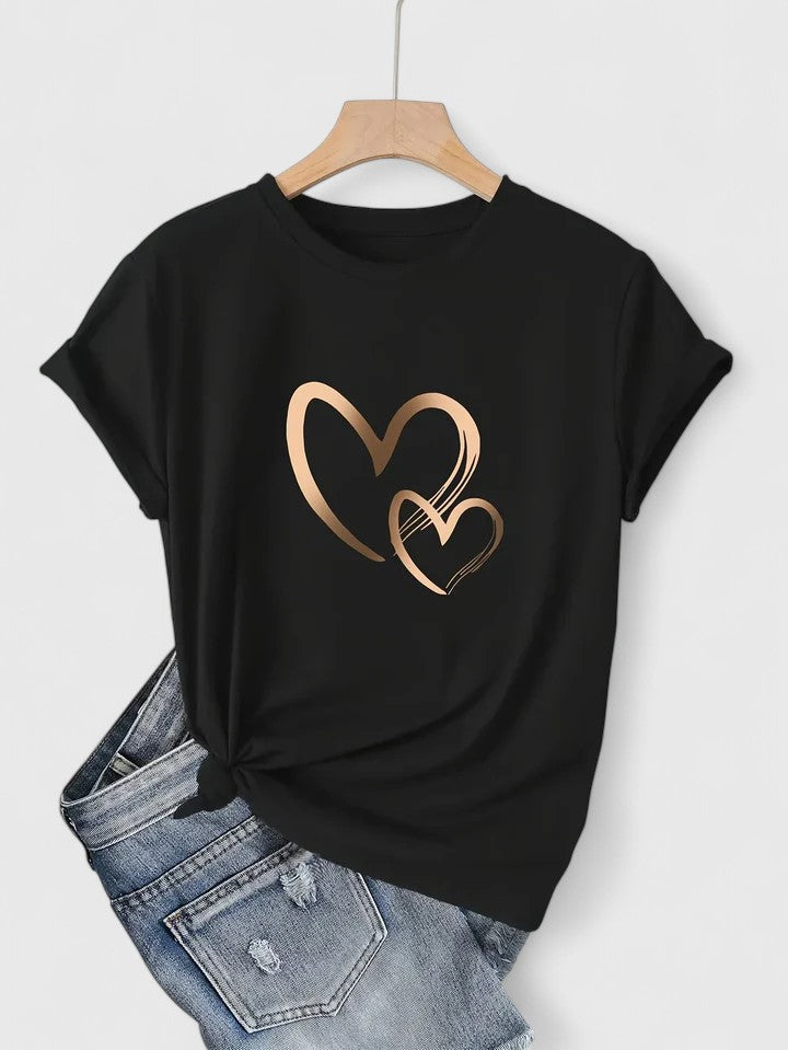 Heart Print Crew Neck Short Sleeve T-Shirt