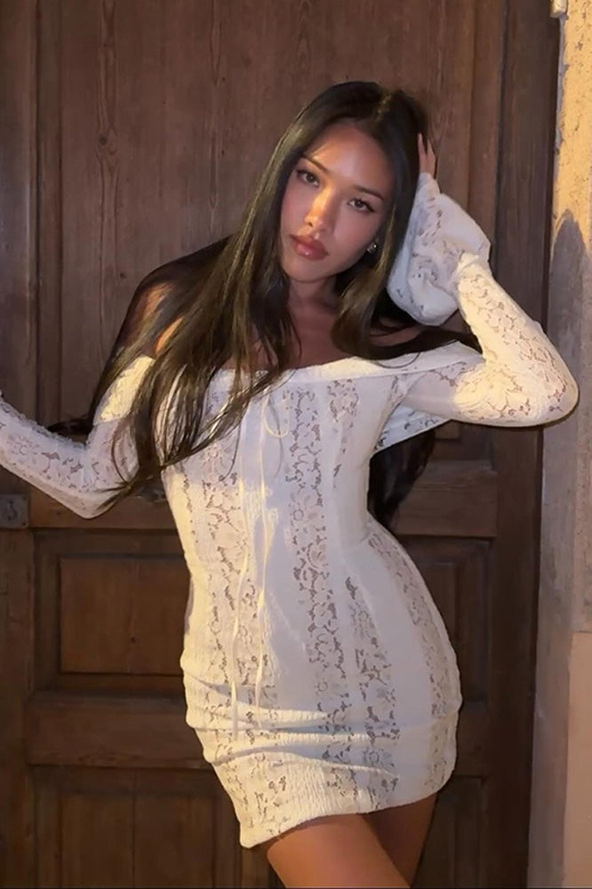 Lace Trim Long Sleeve Mini Dress