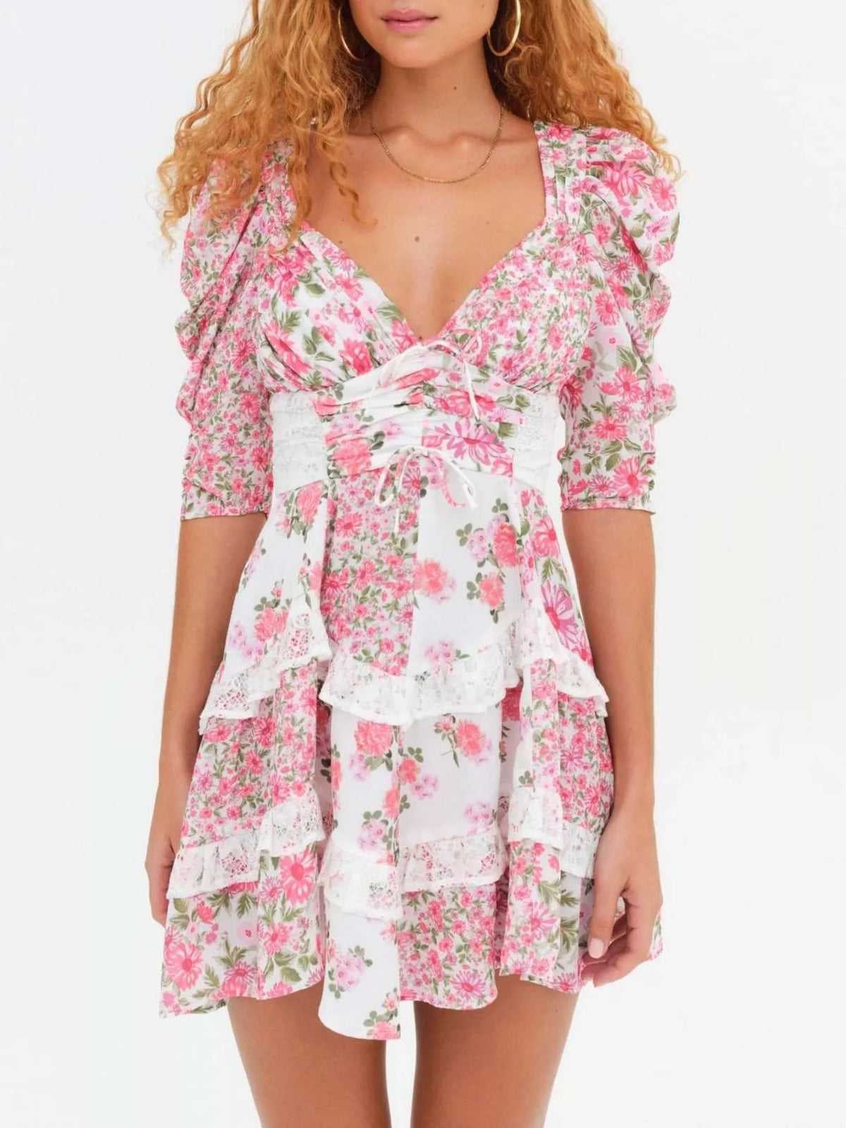 Floral Print Lace Trim Corset Waist Puff Sleeve Tiered Mini Dress 8
