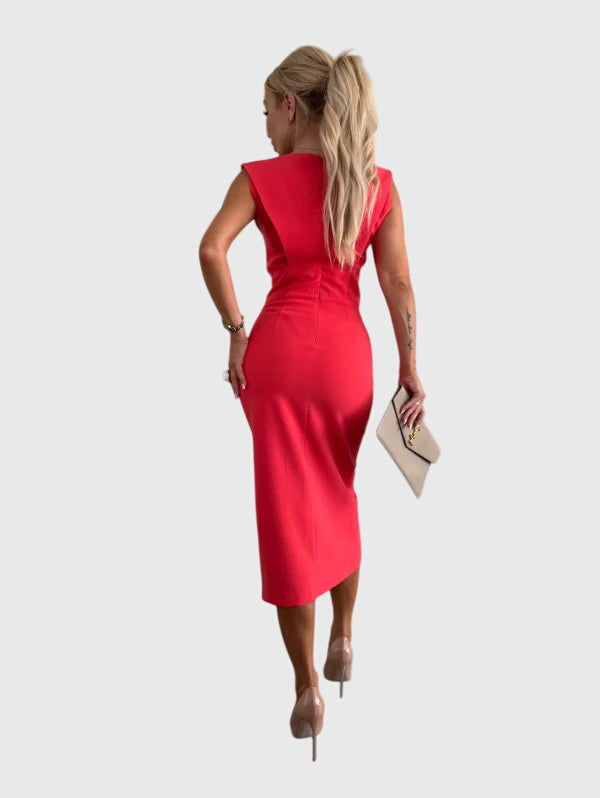 Round Neck Sleeveless Shoulder Pad High Split Bodycon Midi Dress 7
