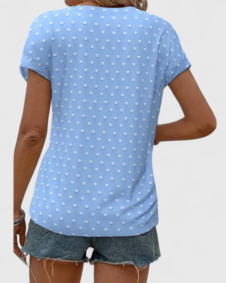 V-Neck Short Sleeve Button Front Textured Dot Blouse