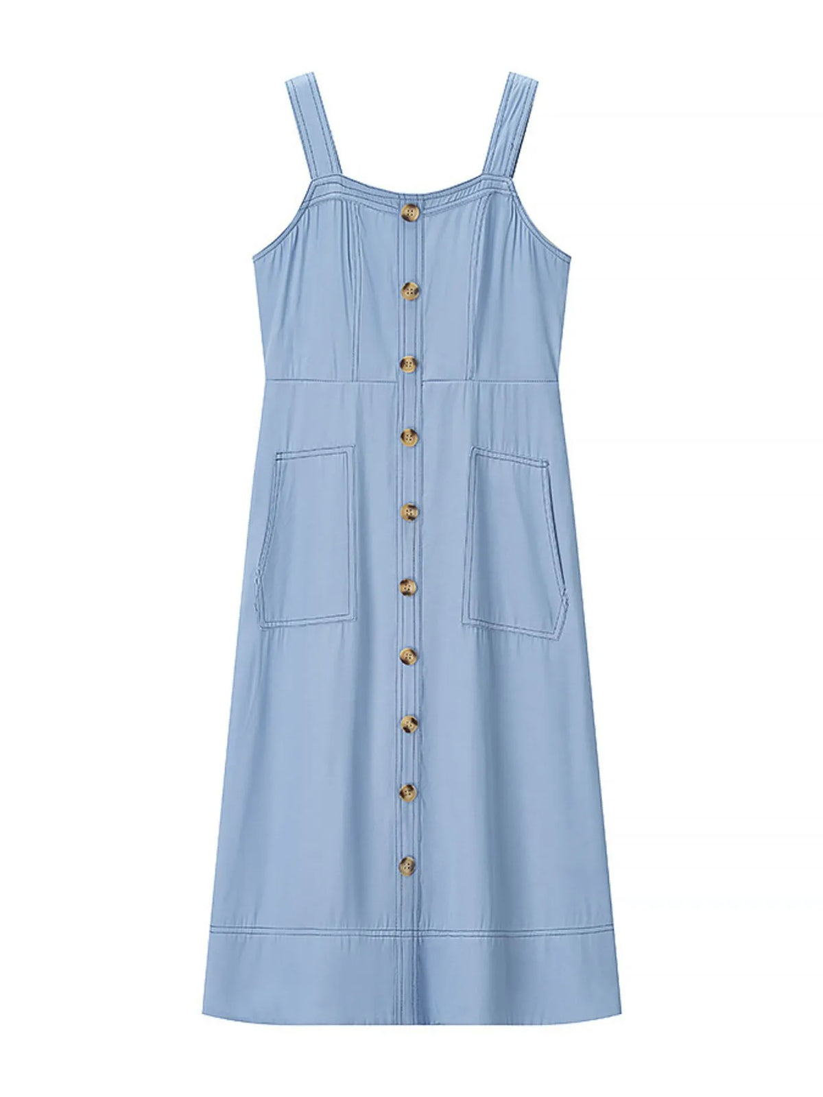 Denim-Look Sweetheart Neck Wide Strap Button Front Pocket Maxi Dress 8