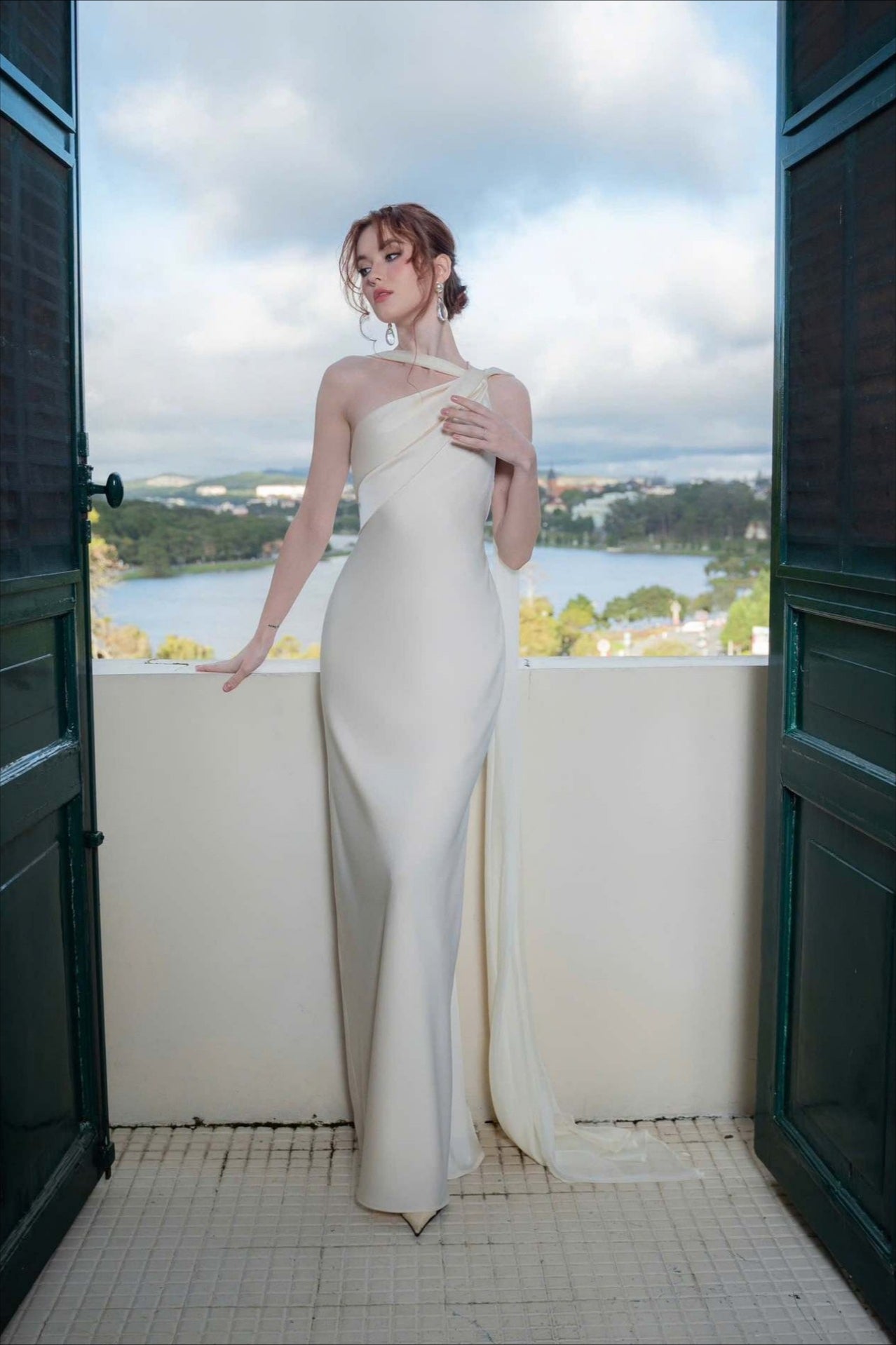 Satin One Shoulder Draped Cape Sheath Gown