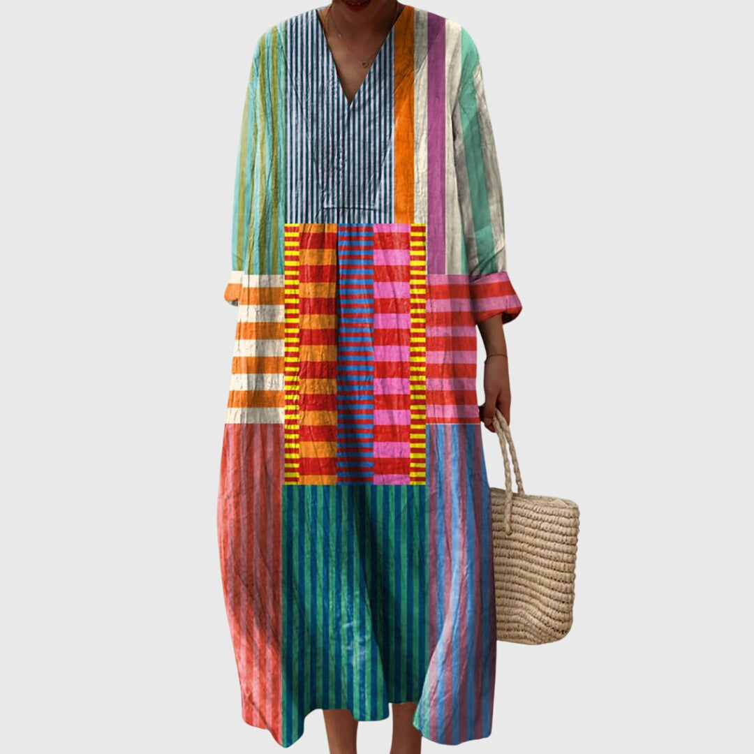 V-Neck Long Sleeve Striped Patchwork Maxi Dress
