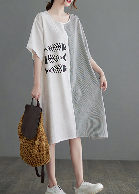 Fish Skeleton Print Color Block Vertical Stripe Short Sleeve Shift Knee Dress