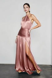 Metallic Pleated Slit Tie Halter Sleeveless Formal Dress