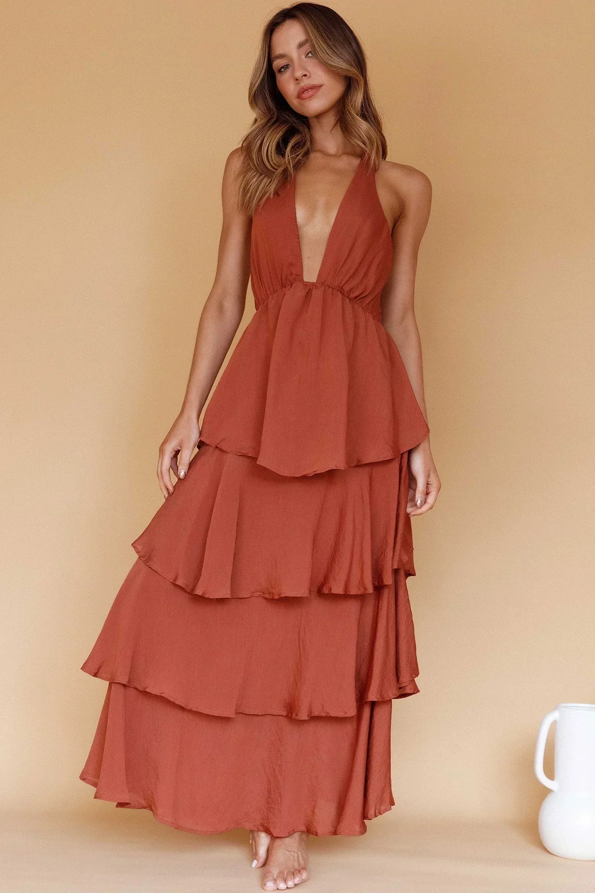 Plunge Halter Neck Tie Back Tiered Ruffle Maxi Dress 7