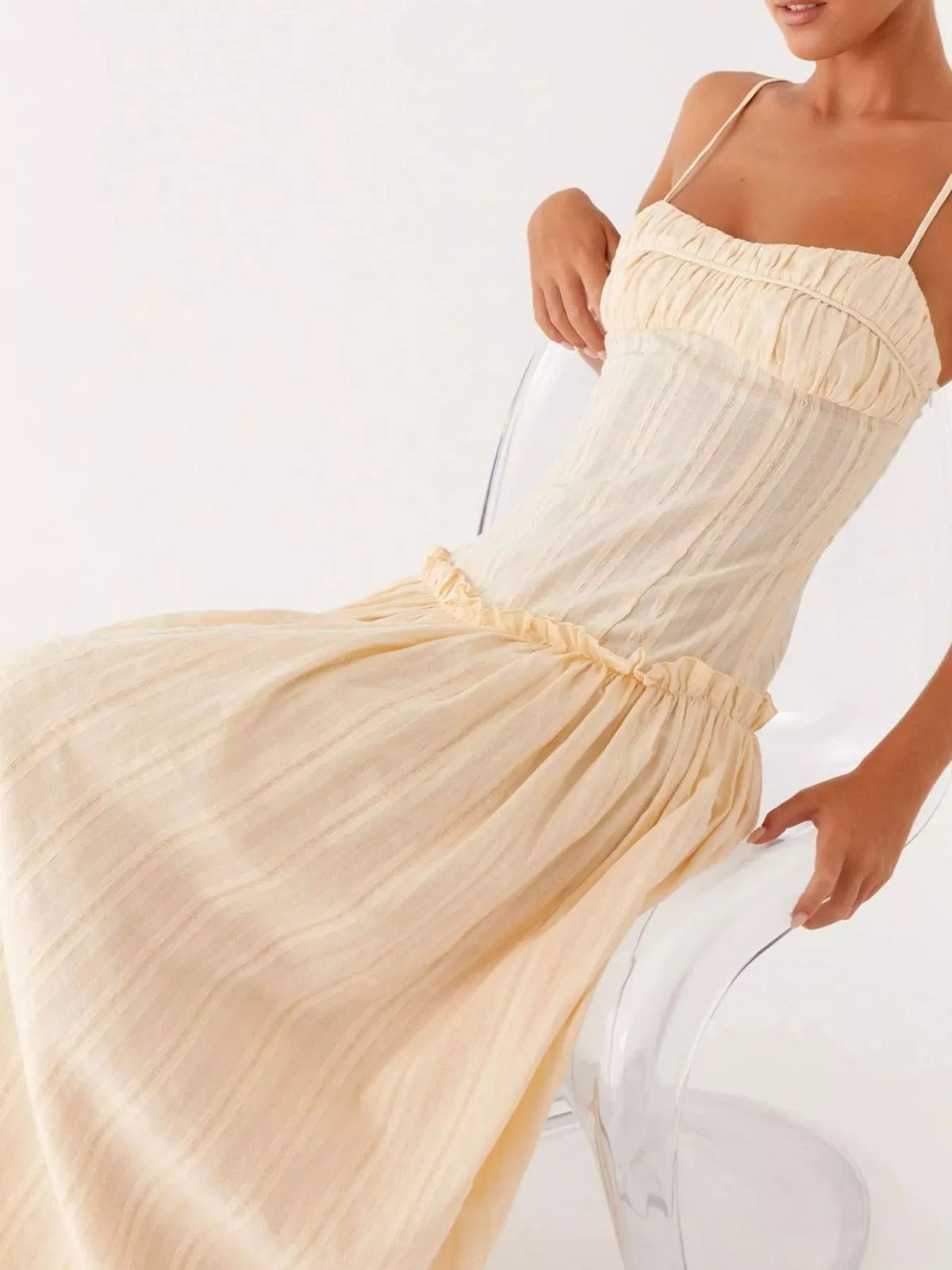 Ruched Bust Drop Waist Ruffle Trim Cami Maxi Dress 33