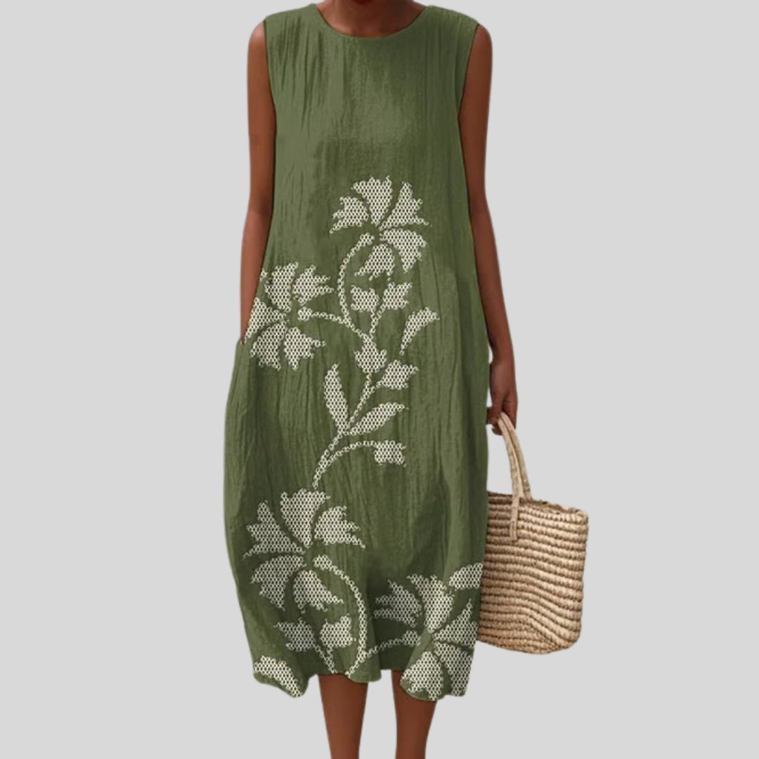 Floral Print Round Neck Sleeveless Midi Dress