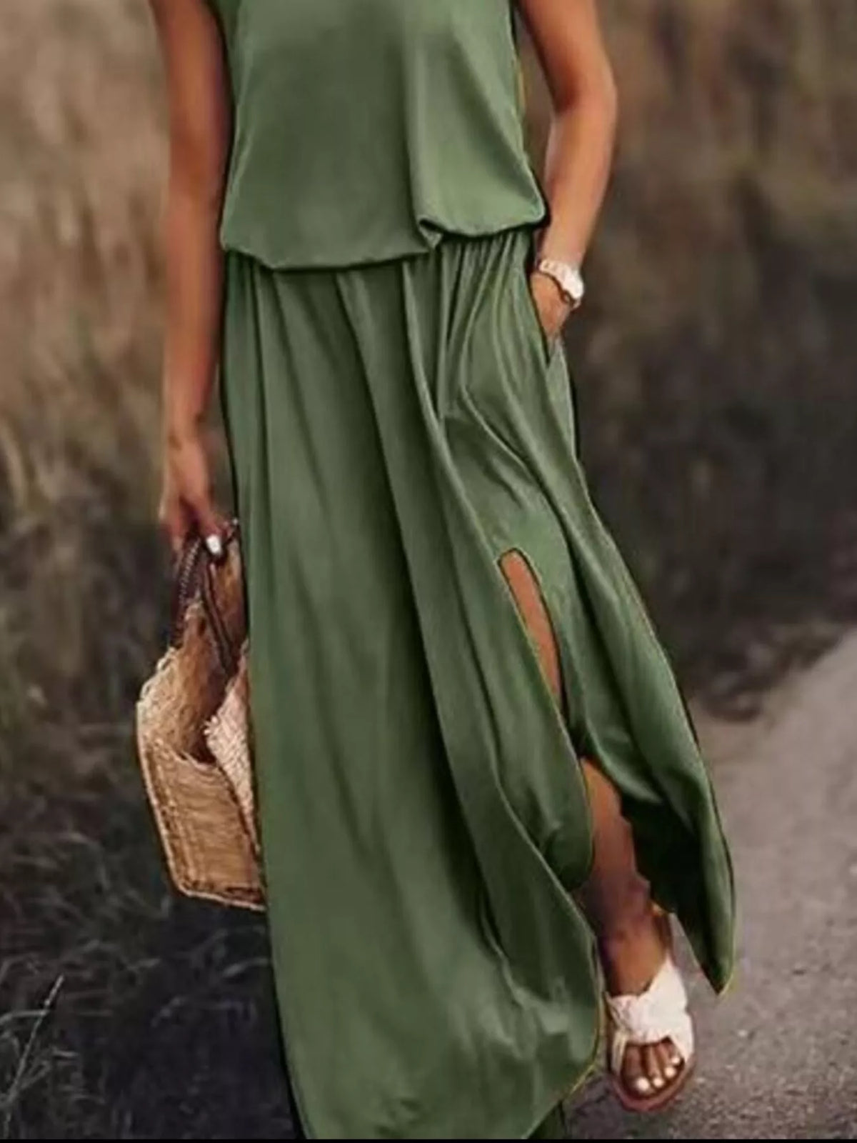 Round Neck Sleeveless Slit Maxi Dress
