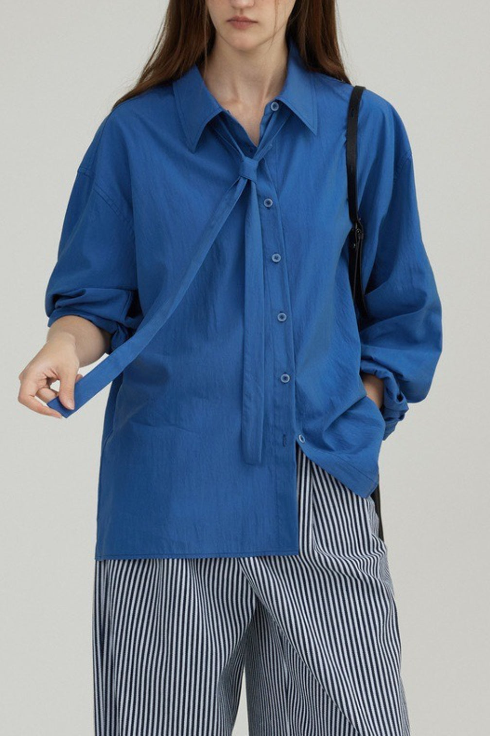 Oversized Collared Long Sleeve Button Front Tie Neck Shirt 5